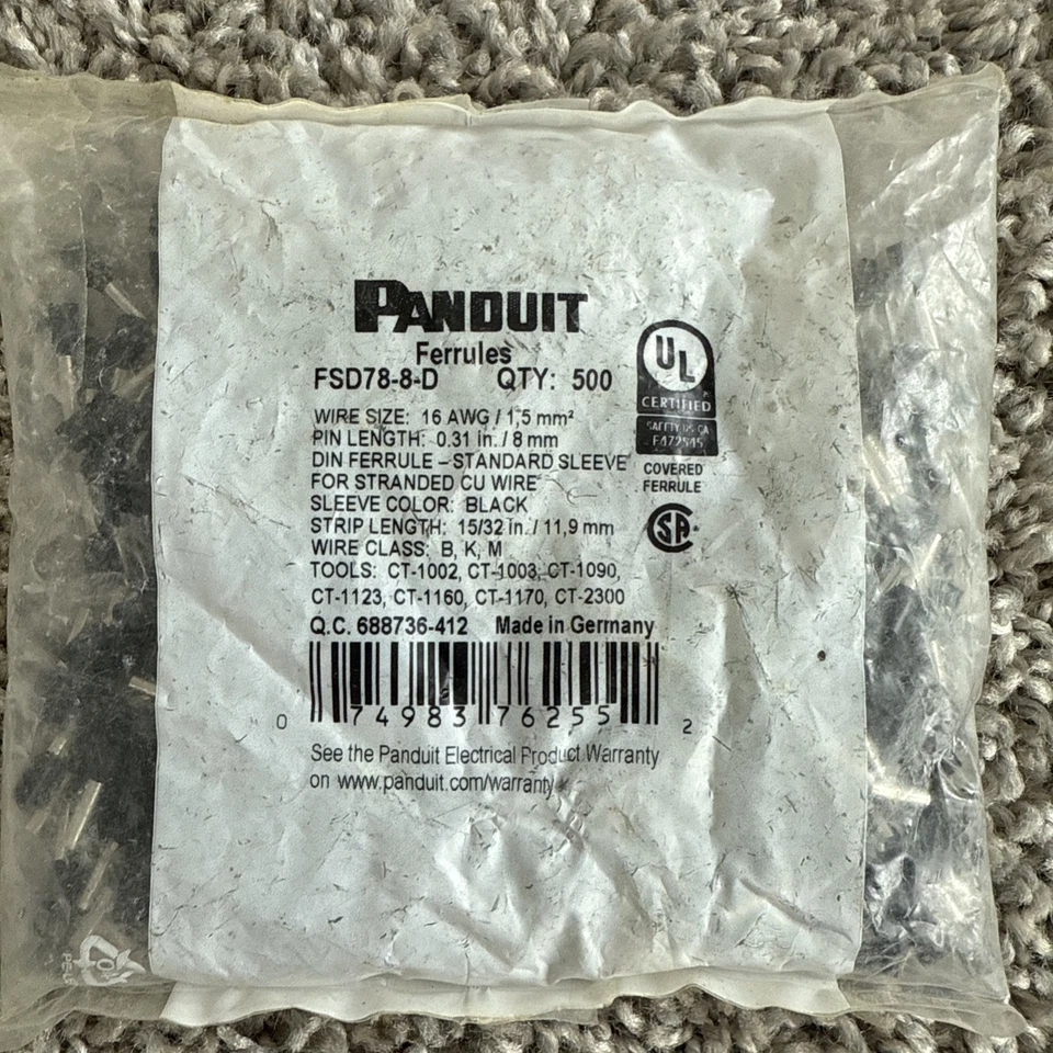 🔥 500 - Bolsa Panduit FSD78-8-D Férulas 16 Awg Pp, 3/8 pulgadas, Foto 1 de 3