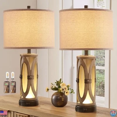 Rustic Table Lamps Set of 2 - Vintage Nightstand Lights with USB Ports & Bulbs - Image 1 of 4