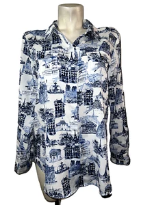KARL LAGERFELD Top Blue White Novelty Print Paris Eiffel Tower Galaxy Blouse L - Picture 1 of 7