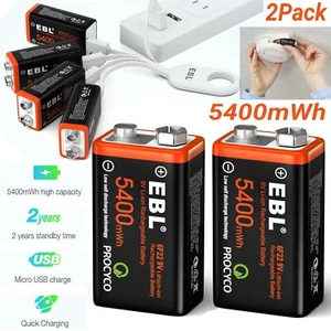 EBL 2x 5400mWh Lithium Rechargeable 9V Batteries 9-Volt Block Li-ion Battery - Picture 1 of 11