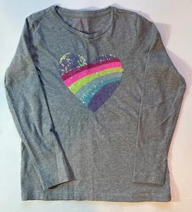 Crewcuts Kinder Langarmshirt grau mit Regenbogen Pailletten Herz Größe M (8-9) - Bild 1 von 3
