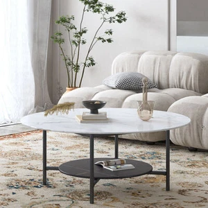 Round White Marble Coffee Table 2 Tier Center Table Bottom Shelf Home Furniture - Picture 1 of 12