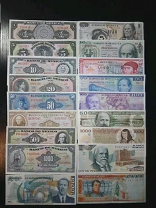 MEXICO SET 18 BANKNOTES LOT 70'S 80'S 1 5 10 20 50 100 500 1000 5k 10k Free Ship - Picture 1 of 2