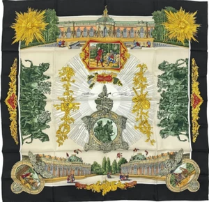 HERMES Scarf Carre 90 SANSSOUCY 100%Silk Black Multicolor Women's Made in France - Picture 1 of 4