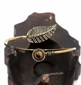 Gold Tigers Eye Armlet Adjustable Leaf Arm Bracelet Gemstone Upper Arm Bangle - Picture 1 of 4