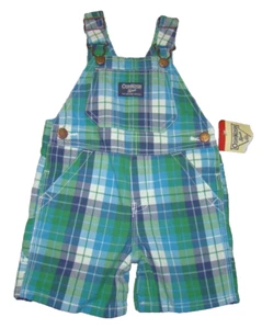 NWT Oshkosh Boys Size 12 Months Green Blue Plaid Overall Shorts Vestbak - Picture 1 of 6