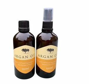 PURE MOROCCAN ARGAN OIL 100ML X 2 - 1 AMBER GLASS PUMP + 1 AMBER GLASS REFILL - Picture 1 of 1