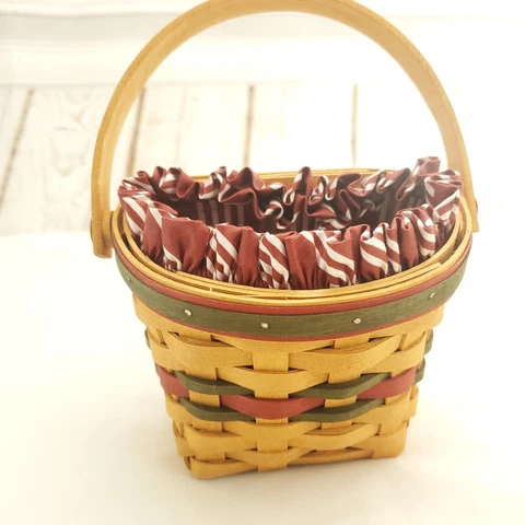 Longaberger Wooden Single Handle Red Striped Liner Handwoven Picnic Basket Cover