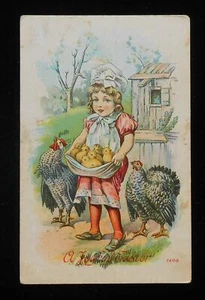 1910er Ostergrüße bezauberndes Mädchen mit Schürze voller Babyküken Hühner PC - Bild 1 von 1