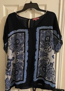 Rose & Thyme Women’s Blue And Black Paisley Blouse, Cuffed Cap Sleeves, Size 1X - Picture 1 of 4