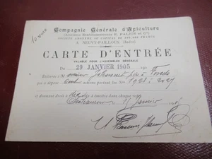 RARE CARTE ENTREE ASSEMBLEE COMPAGNIE APICULTURE 1905 CHATEAUROUX Signé - Bild 1 von 2