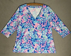 Lilly Pulitzer Womens XL 3/4 Sleeve Blue Pink Tropical Resort Cruise Lux Popover - Picture 1 of 16
