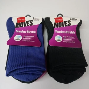Hanes Moves Mid Crew Socks 6 Pairs Women's Size 5-9 Assorted Seamless Stretch - Picture 1 of 6