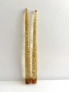 2 Vtg MCM Clear Acrylic Lucite Taper Candles Gold Glitter ~ Square Flecks 11.5” - Picture 1 of 10