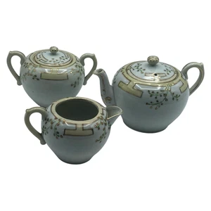 Nippon TE-OH Teapot Creamer & Sugar Floral Rim Gold Filigree Trim Pre 1921 Japan - Picture 1 of 24