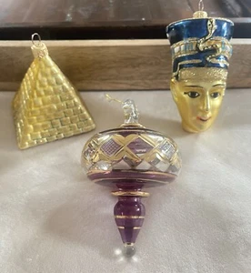 3er Set Ägyptischer Weihnachtsschmuck Kleopatra Pyramide mundgeblasenes Glas 12kt Gold - Bild 1 von 8