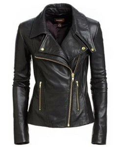 Chaqueta de Cuero Genuino Negra Mujeres Piel de Cordero Suave Corredor Motociclista Chaqueta de Cuero Regalo - Imagen 1 de 6