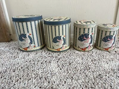 Vintage Duck Geese Nesting canister Tins Set Of 4 primitive Country blue stripes - Image 1 of 4