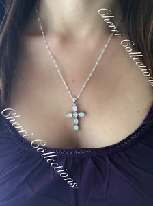 Lab White Fire Opal 925 Sterling Silver Plated Cross Pendant Necklace 18" N34 - Picture 1 of 8