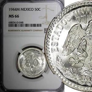 Mexico ESTADOS UNIDOS Silver 1944 M 50 Centavos NGC MS66 GEM BU KM# 447 (048) - Picture 1 of 5