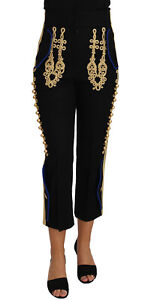 DOLCE & GABBANA Military Embellished Pants Black Gold Trousers IT38/US4/XS $4200