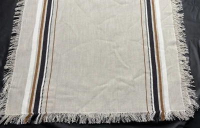Crate & Barrel Craft Orangic Cotton Fringe Runner Birch Stripe 120" x 20" - Image 1 of 4