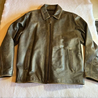 Chaqueta de cuero envejecido Marc New York para hombre L marrón cremallera completa bolsillos abrigo Foto 1 de 4