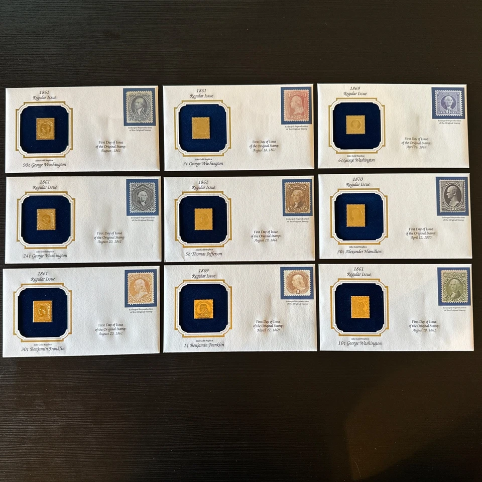 22kt Gold “Founding Fathers” replica stamps; Lot of 9. 1861-1870. - Image 1 of 1