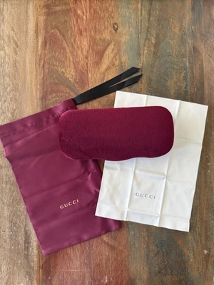 NEW GUCCI Sunglasses Case Burgundy Velvet Clamshell with Dust Bag Pouch & Cloth - Image 1 of 3