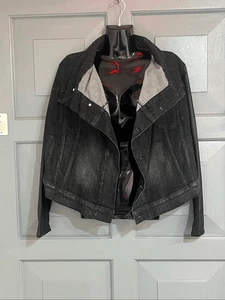 DKNY Draped Front Faux Leather Sleeve Black Jean Denim Jacket M - Picture 1 of 10