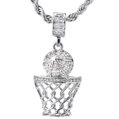 Men's Iced Silver Plated Basketball Hoop 24" Rope Chain Necklace HC 1109 S - Image 1 of 3