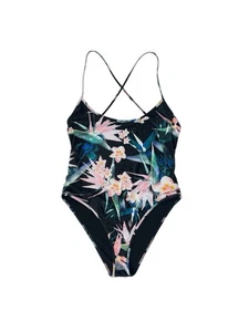 Forever 21 Black Floral One Piece Swimsuit Criss Cross Back Size Large - Picture 1 of 5