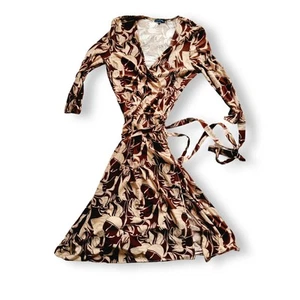 Y2K Decjuba SMALL AU 8 10 12 Brown Cream Long-sleeve Knee-length Wrap Dress - Picture 1 of 7