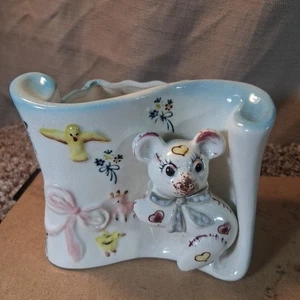 Vtg Japan Ceramic Baby Teddy Bear Planter Wall Pocket Nursery Decoration Kitschy - Picture 1 of 8
