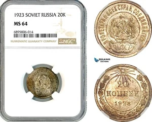 AK830, Russia, Soviet, 20 Kopeks 1923, Leningrad Mint, Silver, NGC MS64 - Picture 1 of 1