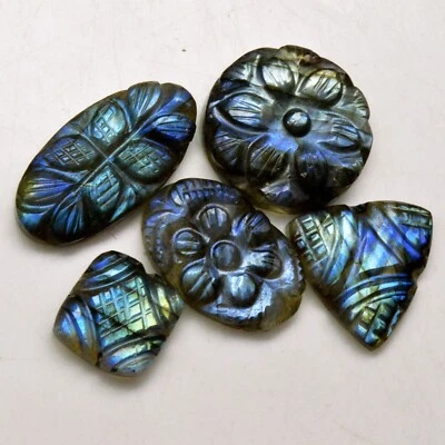 5Pcs 70Cts Natural Labradorite Carving Loose Gemstone Lot 26x12 12x12mm #R-13611 - image 1 of 4