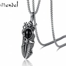 MENDEL Mens Stainless Steel Onyx Turquoise Feather Stone Pendant Necklace Men