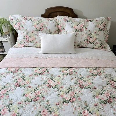 Laura Ashley 3pc Floral Queen Comforter Set Cotton Reversible Bedding Rose RARE - Image 1 of 4