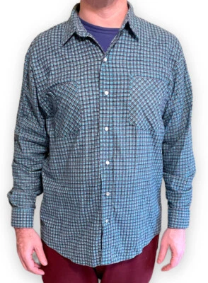 Haband Flannel Shirt Large Green Gray Long Sleeve Pearl Snap Buttons 90s Vintage - Image 1 of 4