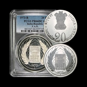 INDIA. 1973, 20 Rupees, Silver, B - PCGS PF66 - Top Pop 🥇 FAO Grow More Food - Picture 1 of 7