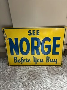 ORIGINAL TRUE VINTAGE 1950s NORGE REFRIGERATOR & APPLIANCES EMBOSSED TIN SIGN - Picture 1 of 10