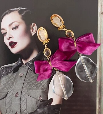 Earrings Purple Bow Velvet Cameo Lucite Large Runway Style - Image 1 of 4