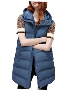 Women's Long Puffer Vest Cotton Sleeveless Puffy Jacket with Medium Blue - Picture 1 of 7