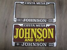 LINCOLN DEALERSHIP Vtg PAIR Metal License Plate Frame Johnson and Son Costa Mesa