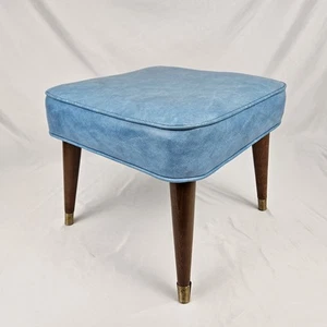 Mid Century Modern Fußhocker Ottomane Hocker blau Naugahyde konische Beine Vintage - Bild 1 von 12