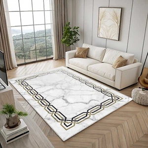 Ivory Area Rug, Black And Gold Striped Bordered, Marble Pattern, Modern Boho - Picture 1 of 4