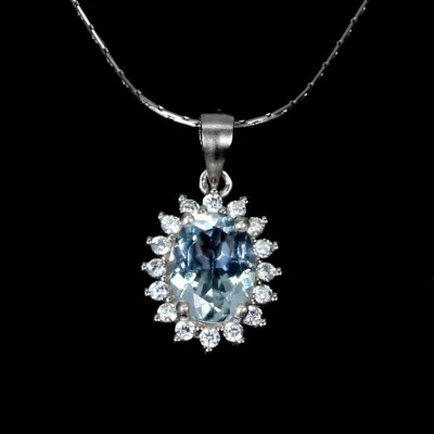 925 Sterling Silber Halskette Oval Aquamarin 8x6mm Cz Edelstein Schmuck 18in - Bild 1 von 4