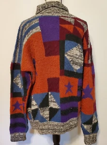 Handmade Retro Knit Alpaca Wool Pima Art Sweater geometric stars turtleneck SZ L - Picture 1 of 8