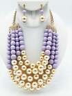 Clip On Multi Strand Gold, Light Purple, And Cream Pearl Necklace Set