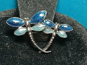 Broche prendedor vintage doble libélula tono plateado esmalte azul RARO retro - Imagen 1 de 18
